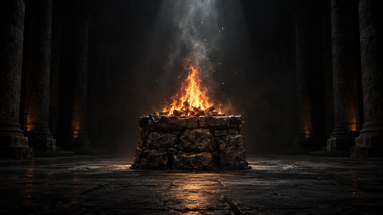 An altar of uncut stones with a fire burning on it in a dark sanctuary